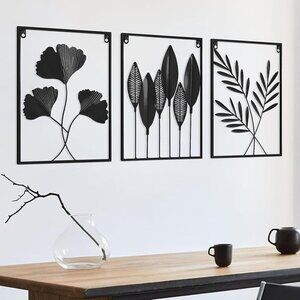 New 3pcs Black Wall Decor Metal Wall Art Modern Minimalist Metal Leaf Wall Decor